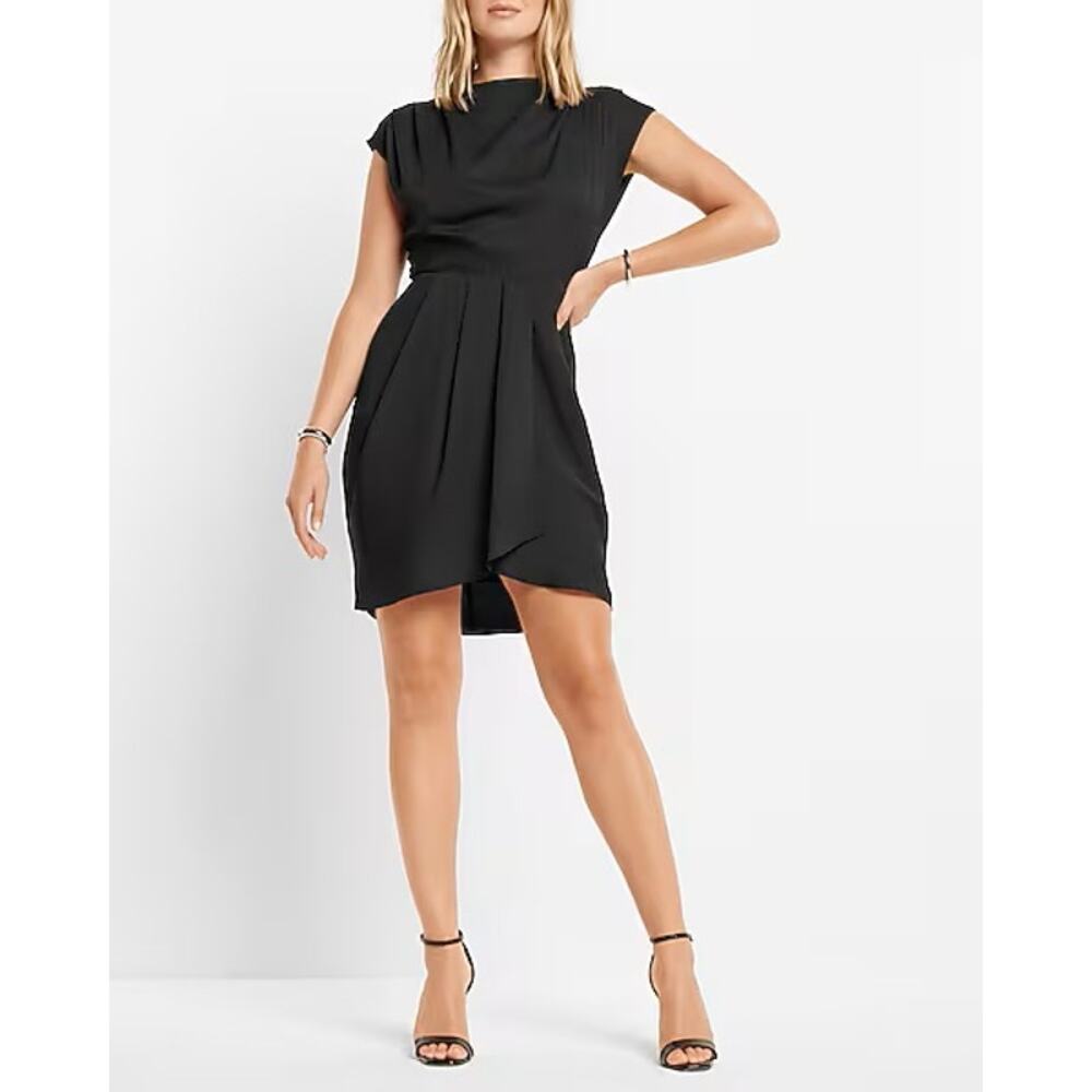 Express draped black cowl neck pleated mini sheath dress - size M NWT